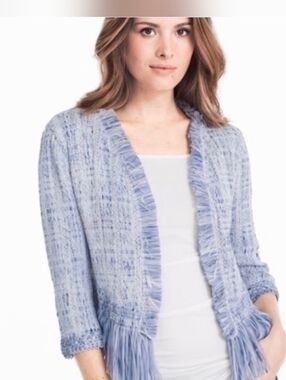 WHITE HOUSE BLACK MARKET Blue Fringe Tweed Blazer Sweater Jacket Sz LARGE